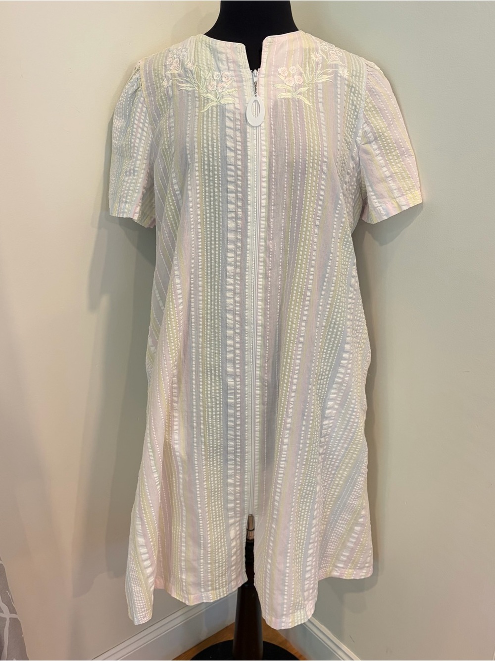 Collette Miss Elaine Floral Seersucker Zip Front Housecoat Robe Nightgown L